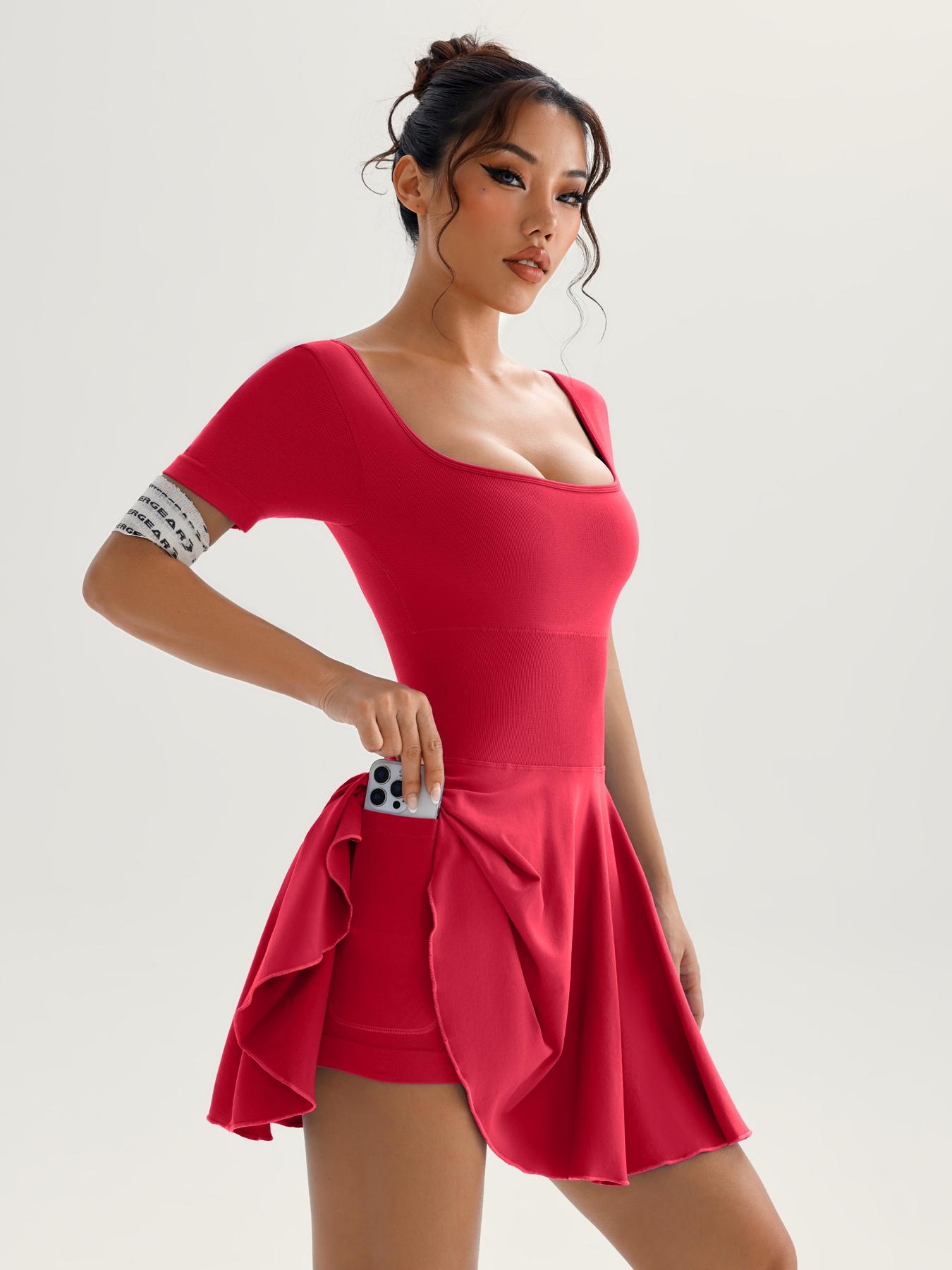 Women's Solid Square Neck Sports Dress Athletic Tennis Dress Inner Pocket, Casual Sporty Short Sleeve Skorts Dress for Daily Outdoor Sport, Ladies Sportswear for All Seasons, Womenswear