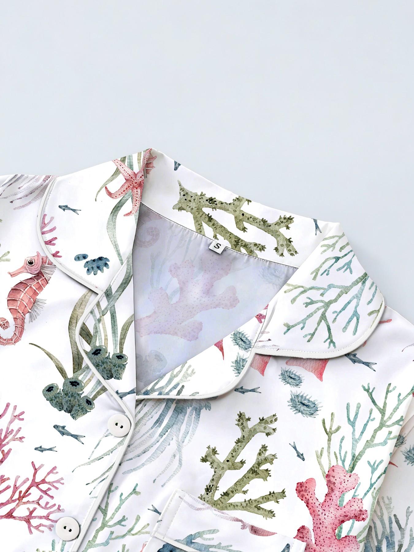 Women's Short Sleeve Button Down Top and Shorts Pajama Set, Spring Summer Wear, For American Retro Vacation Girls, White Base Vintage Ocean Print, Classic Lapel Collar, Loose Straight Fit, Comfortable For Home & Outings