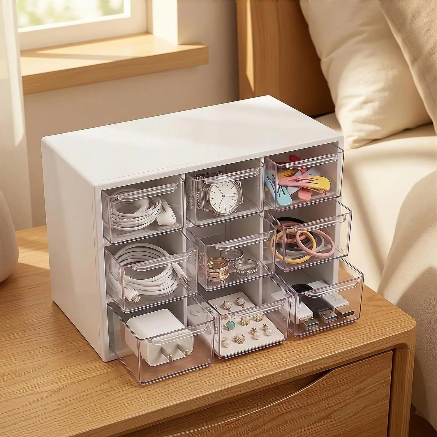 Desktop Jewelry Organizer Box with 9 Compartments and Drawers, Multi-Compartment Plastic Storage for Desk, Office, or Vanity (White)Gift