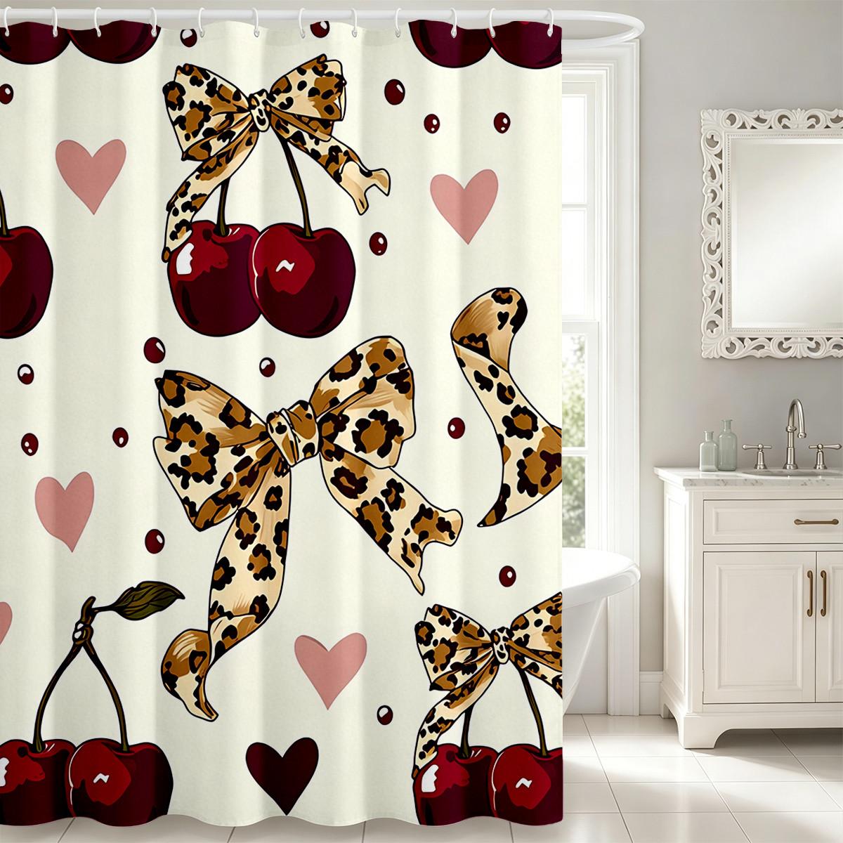 4pcs Shower Curtain Set with Cherries, Leopard Bows, Hearts, Bathroom Decor, Valentine's Day Theme, Romantic Bathroom Style