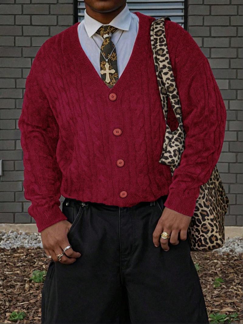 Men's V-Neck Long Sleeve Cardigan Sweater, Casual Loose Fit Knitwear for Spring & Fall, Street Style American Fashion