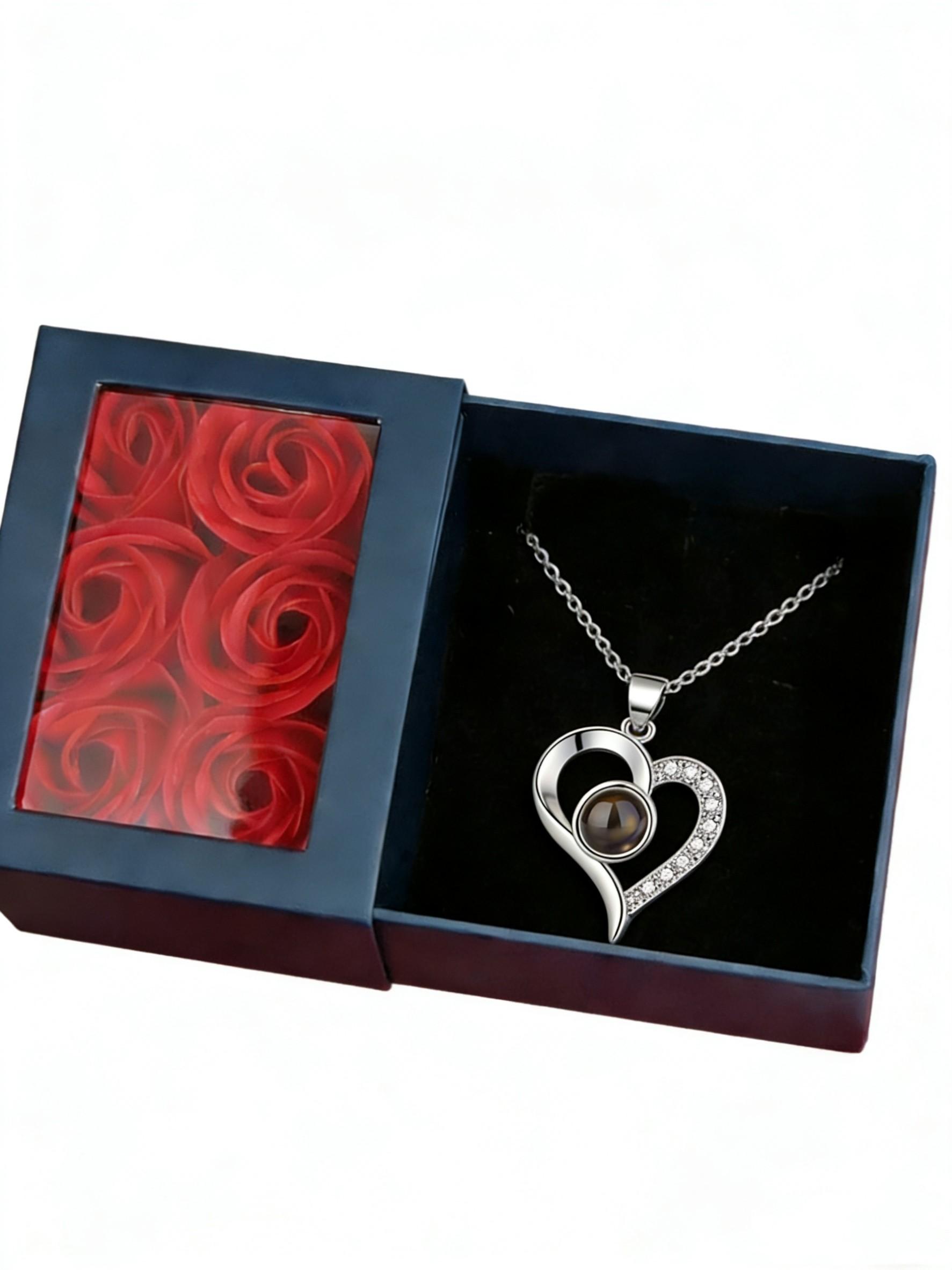 Heart Projection Necklace, Love Heart Pendant, 100 Languages I Love You, Eternal Rose Flower, Mother's Day, Valentine's Day, Gift Box