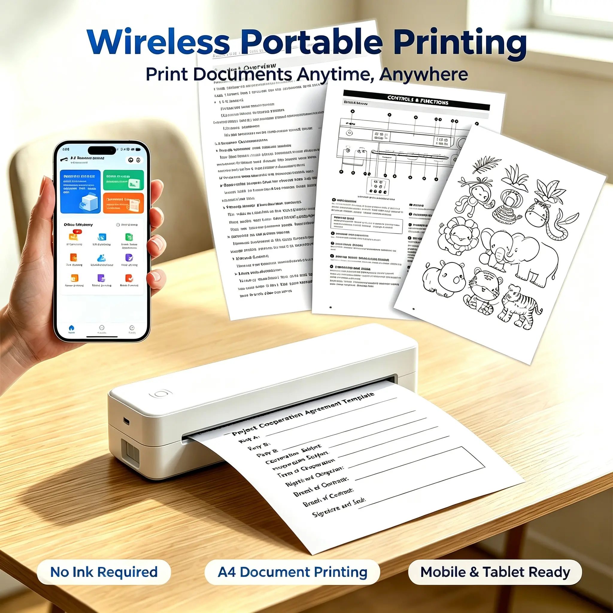 A4 Portable Printer, No Ink Required, Bluetooth-compatible Enabled, Thermal File Printer, Tattoo Paper Printer, Compatible with PC, Phone, Tablet