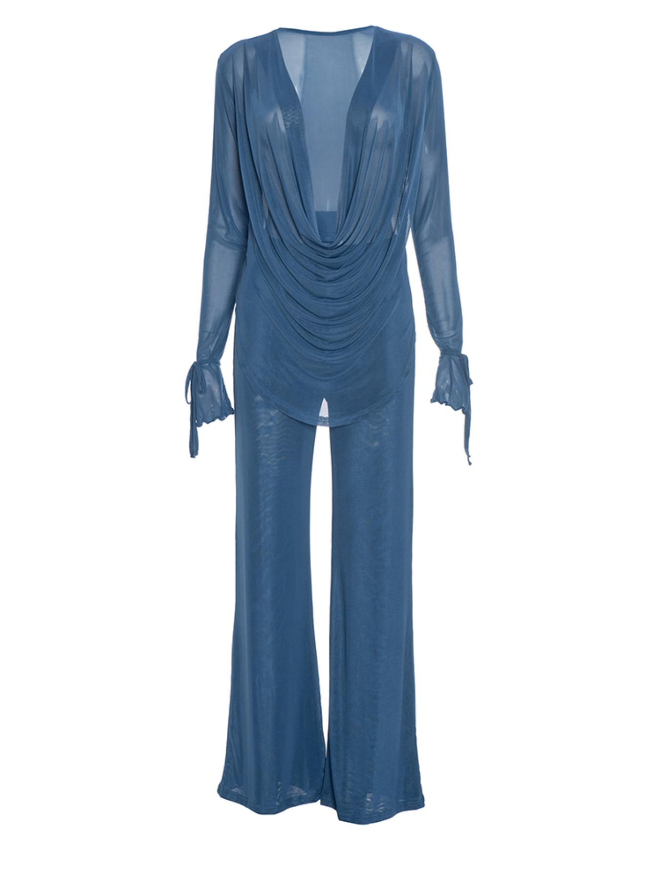 Women's Fashion Casual Two-Piece Set, Deep V Mesh Top & Wide Leg Pants, Trendy Long Sleeve Tie Design, Perfect for Daily Wear