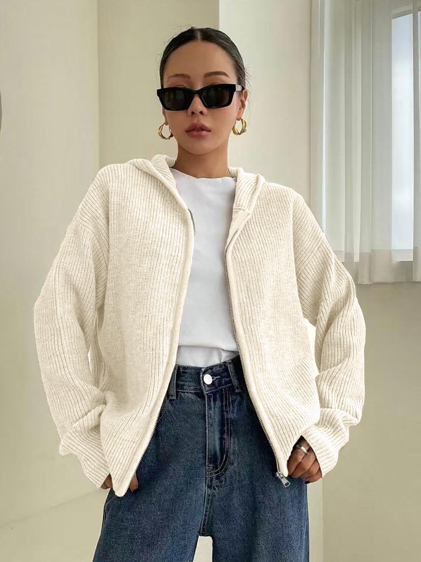 Women's Solid-Color Zip-Up Hooded Cardigan, Casual Fit Long Sleeve Knitwear for Fall & Winter, Ladies' Fashion Sweater for Daily Wear