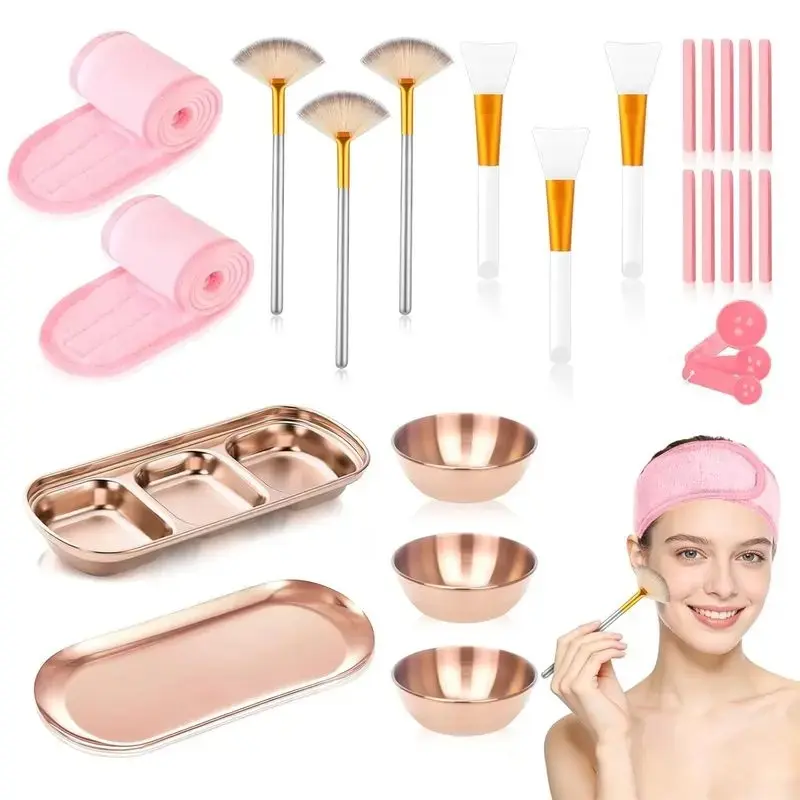 28 Facial Supplies 3 Facial Mask Mixing Bowls 3 Facial Fan Brushes 3 Mask Applicator Brushes 3 Mask Measuring Spoons Skincare Tray 3-Compartment Tray 12 Facial Sponges 2 Spa Headbands