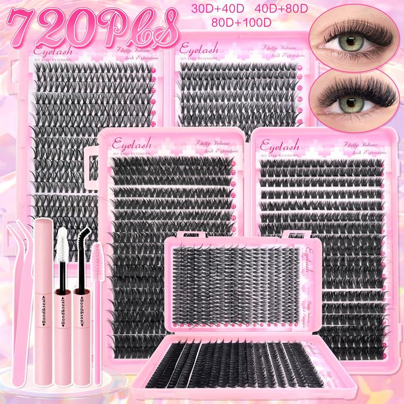 Natural & Thick Look Eyelash Extensions, 1 Box Mixed Length Individual Lashes with Glue & Tweezers & Brush, Eye Makeup Enhancement Tool for Women, Cosmetic