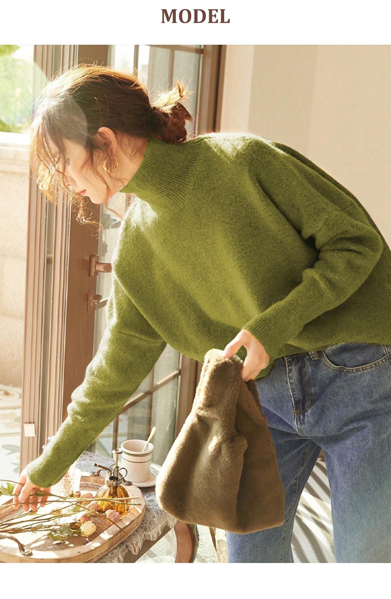 Autumn Winter Women's Sweater, High Neck Loose Casual French Style Knitwear, Elegant Simple Solid Color Pullover, Long Sleeve Knit Top