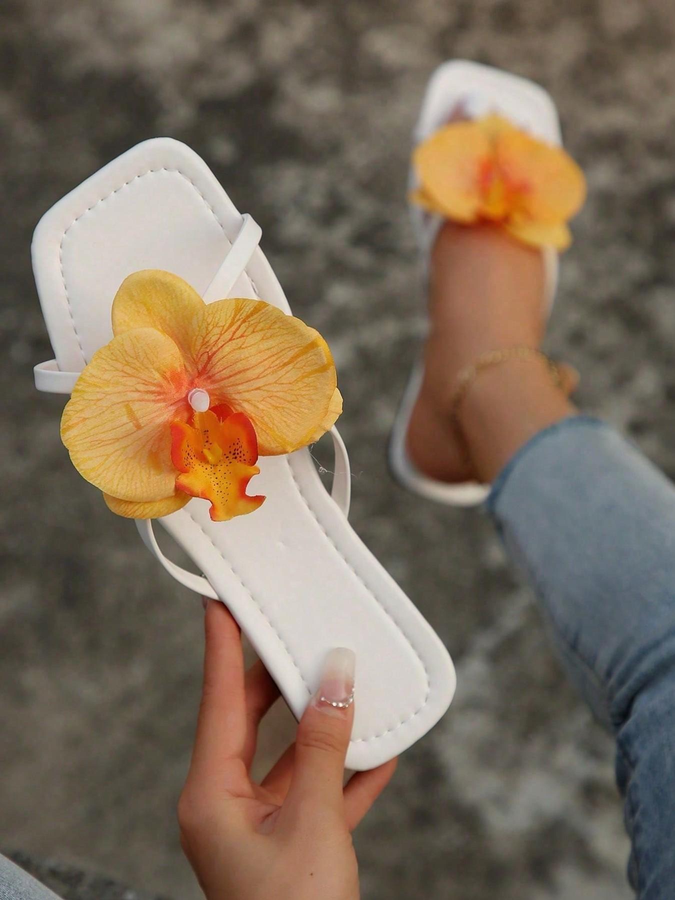 French Flat Flower Elegant Floral Design Sandals for Women, Summer Fashionable Square Toe PVC Shoes, Perfect for Parties, Beach, and Daily Wear, Flat Sole Sandals