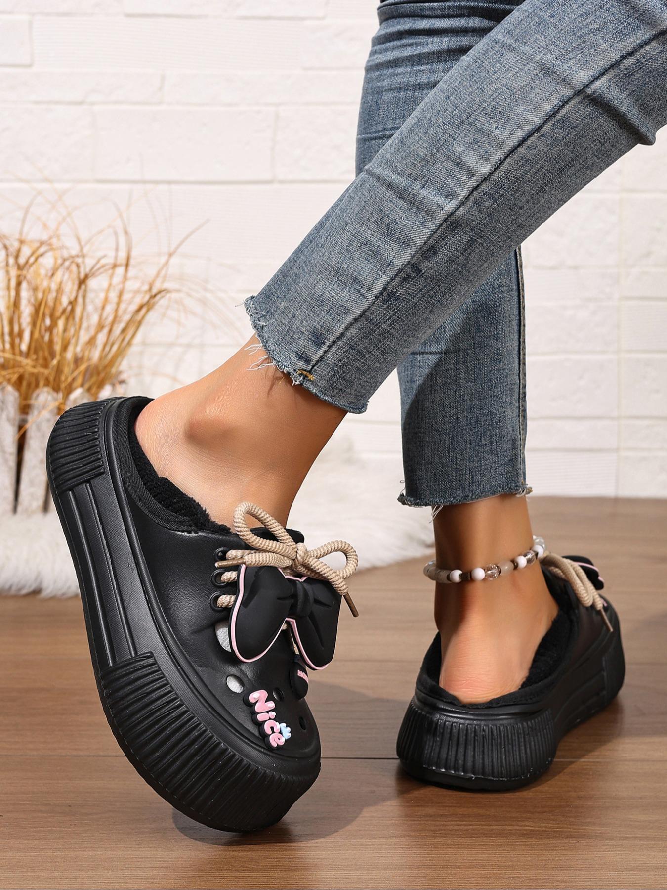 Women's Plus Size Winter Plush Fuzzy Warm Slippers, Indoor Cozy Silent Home Slippers with Cute Bowknot, Casual Shoes