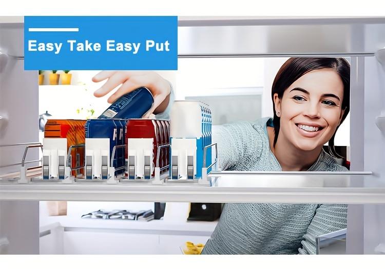 Refrigerator beverage storage box, refrigerator bottle and can organizer, self-pushing soda can dispenser, beverage pusher, white bar-shaped design, upgraded with double-layer divider panels, equipped with positioning clips