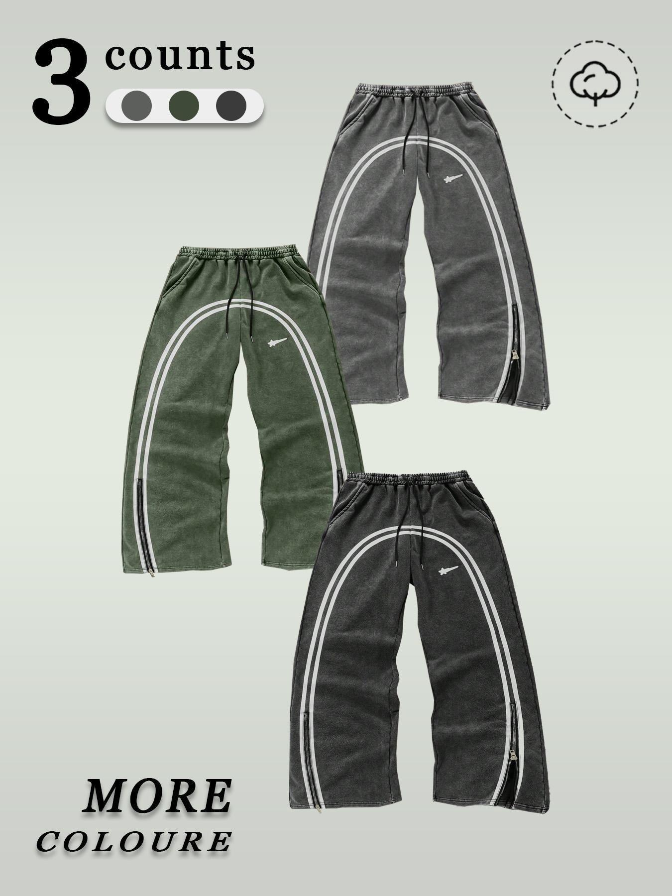 Men's Star & Striped Print Washed Distressed Drawstring Waist Sports Sweatpants, Regular Fit Casual Comfy Fashion Pocket & Zipper Design Pants for Fall & Winter, Sports Bottoms, Casual Athletic Pants, Athleisure Style Bottoms