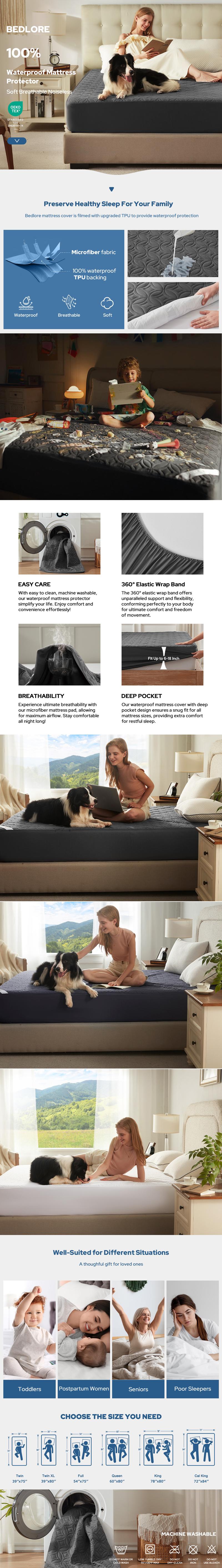 【BEDLORE】Big Copper Coins Waterproof Mattress Protector, 6-18'' Deep Pocket Mattress Pad, Soft Dirt-Proof Bedroom,Collage Dorm,Hotel