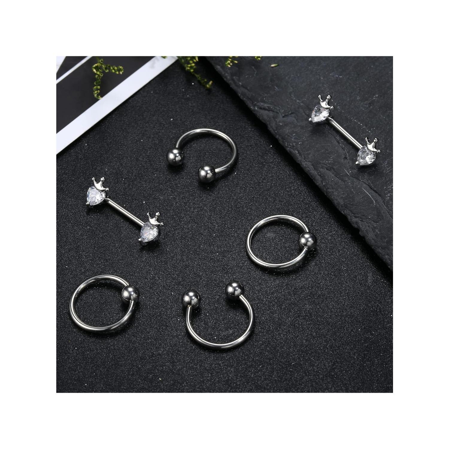 9 Pairs Nipple Rings for Women 14G Stainless Steel CZ Opal Hoops Nipple Rings with Chain Rose Silver Tone Heart Nipple Piercing Jewelry