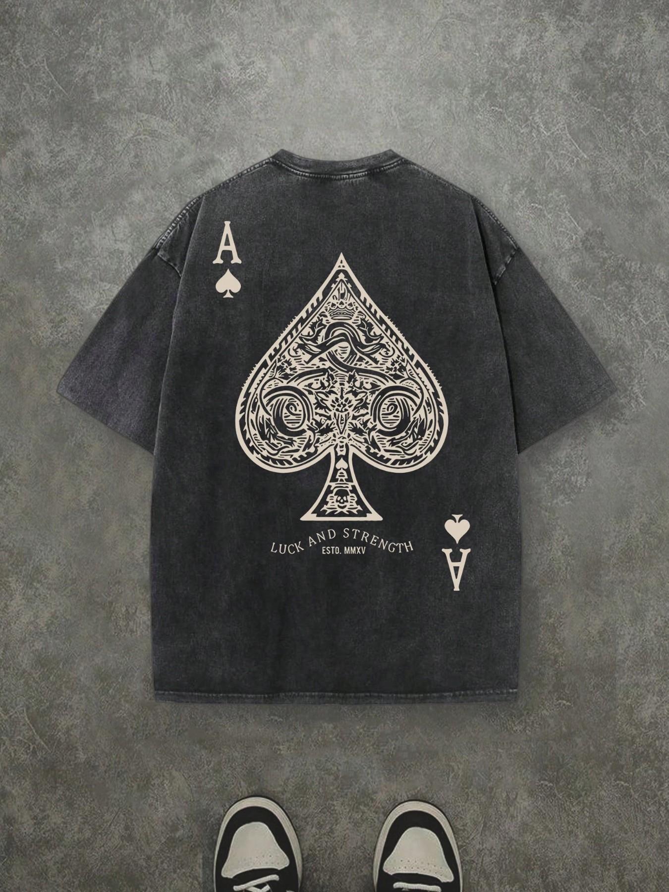 Vintage Washed Loose Fit T-Shirt, Both Sides Ace Print Short Sleeve, Y2K Retro Street Style, Lucky Poker Casual Top, Unisex