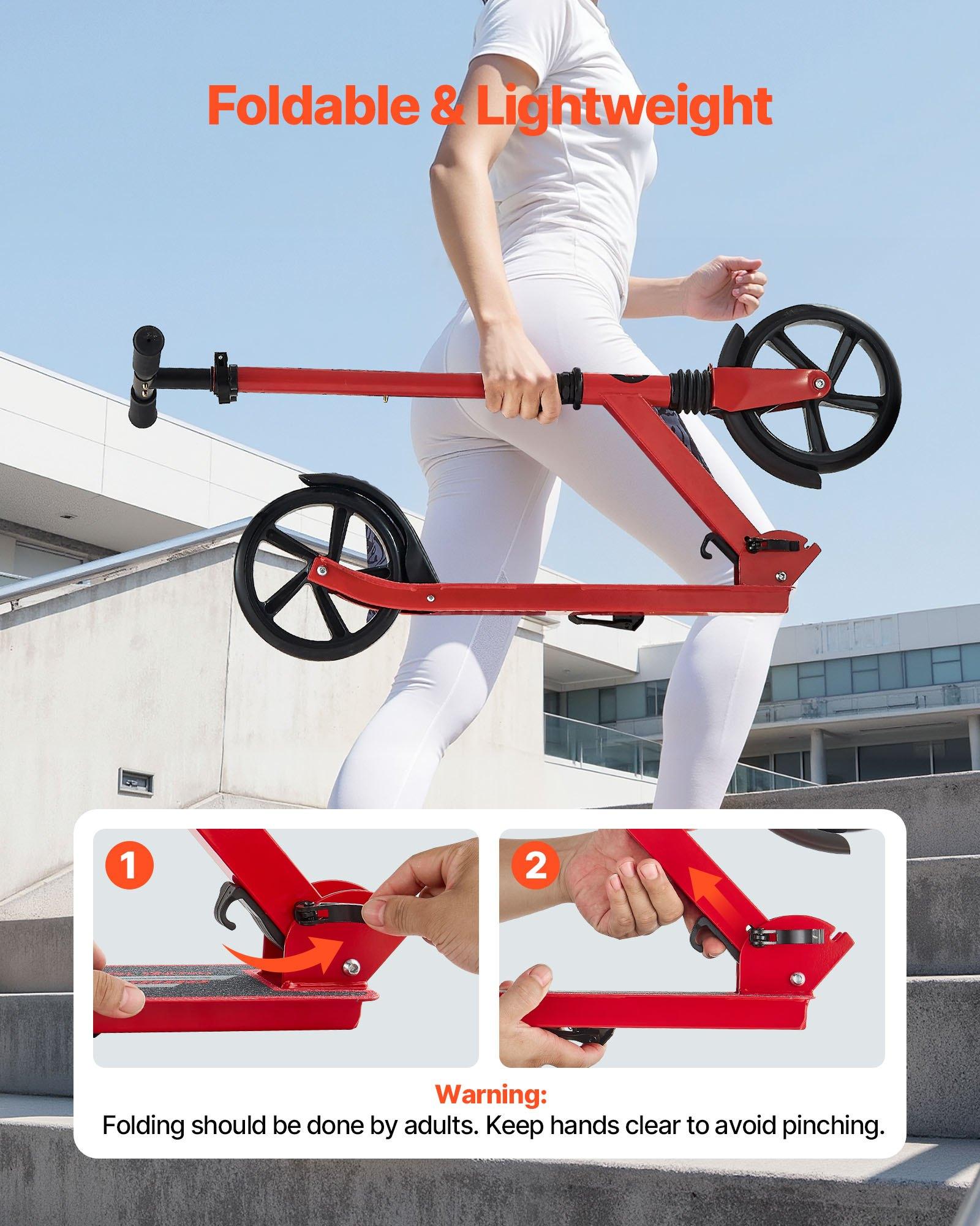 VEVOR Kids 2-Wheel Kick Scooter for Ages 8+, Adjustable Height Handlebar, Wide Anti-Slip Deck, Foldable, Lightweight Compact Design, 220 lbs Max Capacity, Red Black, Outdoor Use