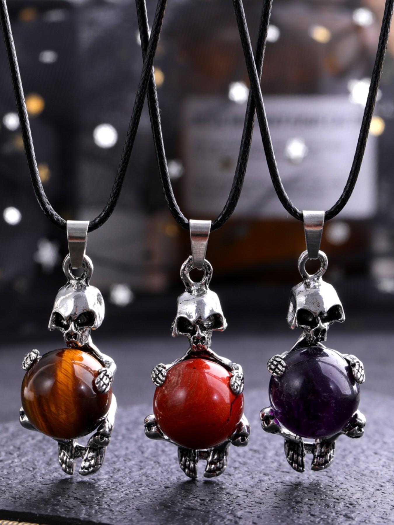 Natural Amethyst Round Bead Pendant Necklace, Bold Skull Design, Unique Fashion Accessory, Trendy European Style Jewelry
