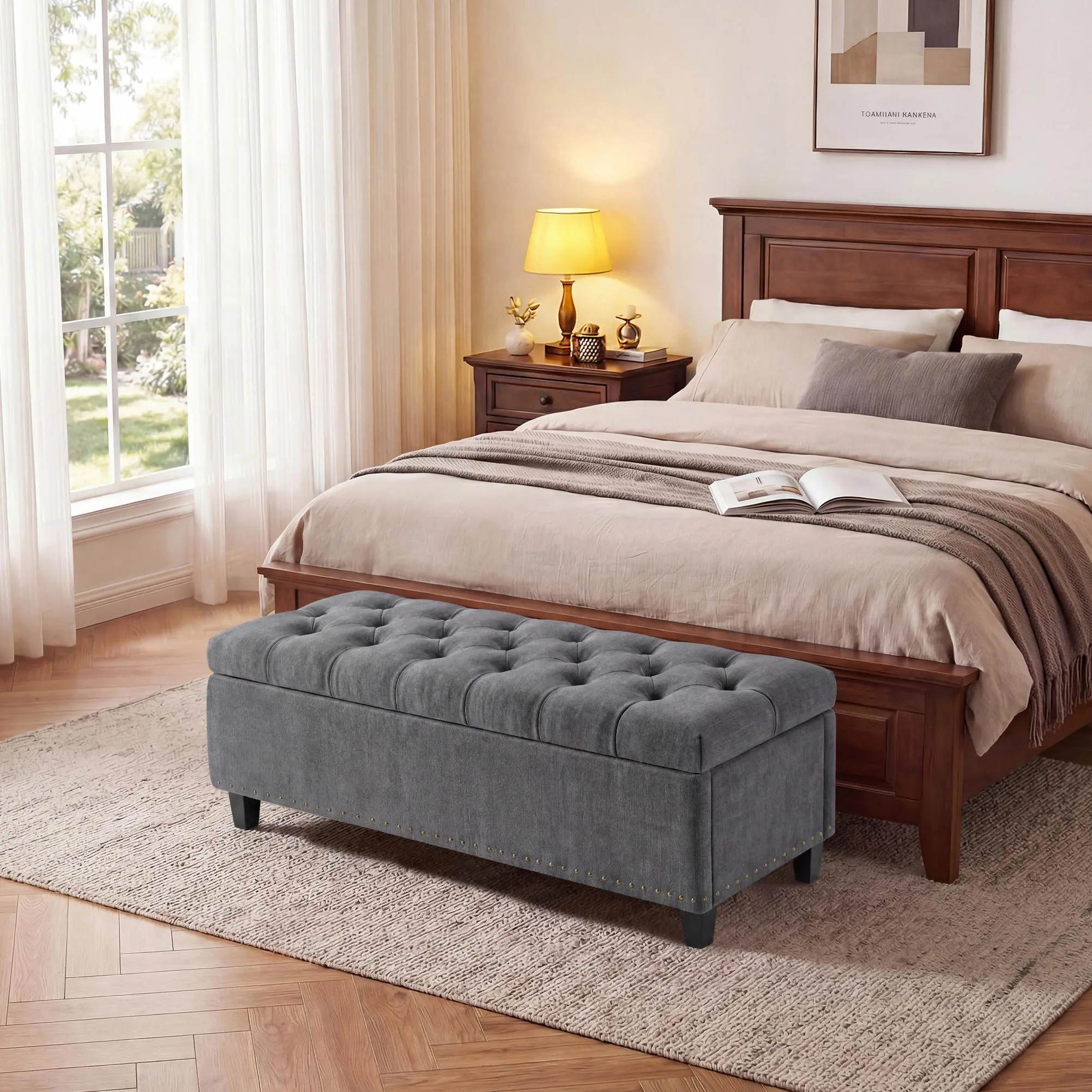 51 Inch Extra Large Upholstered Storage Ottoman Bench, 30‑Gallon Hidden Storage Shoe Bench with Button‑Tufted Seat, Safety‑Close Hinges & Wood Legs, 660 LB Capacity for Entryway & End of Bed