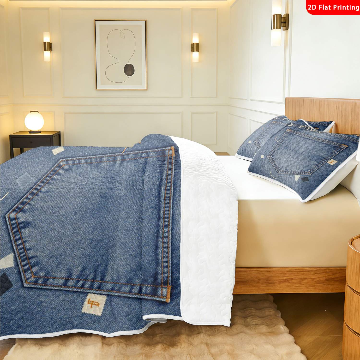 3 pcs, 2D flat print Denim Patchwork bed cover set, Jeans-inspired theme, multiple sizes available, bedding set, festive decorative bedding, ideal for bedroom decor(1 bedspread , 2 pillowcases)