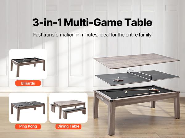 VEVOR 7ft Pool Table Combo Set, 3-in-1 Multi Game Billiards Tables with Dining Top and Ping Pong, 2 Benches for Storage and Accessories, Includes Ball Cue Rack Chalk Brush, for Family Recreation Room