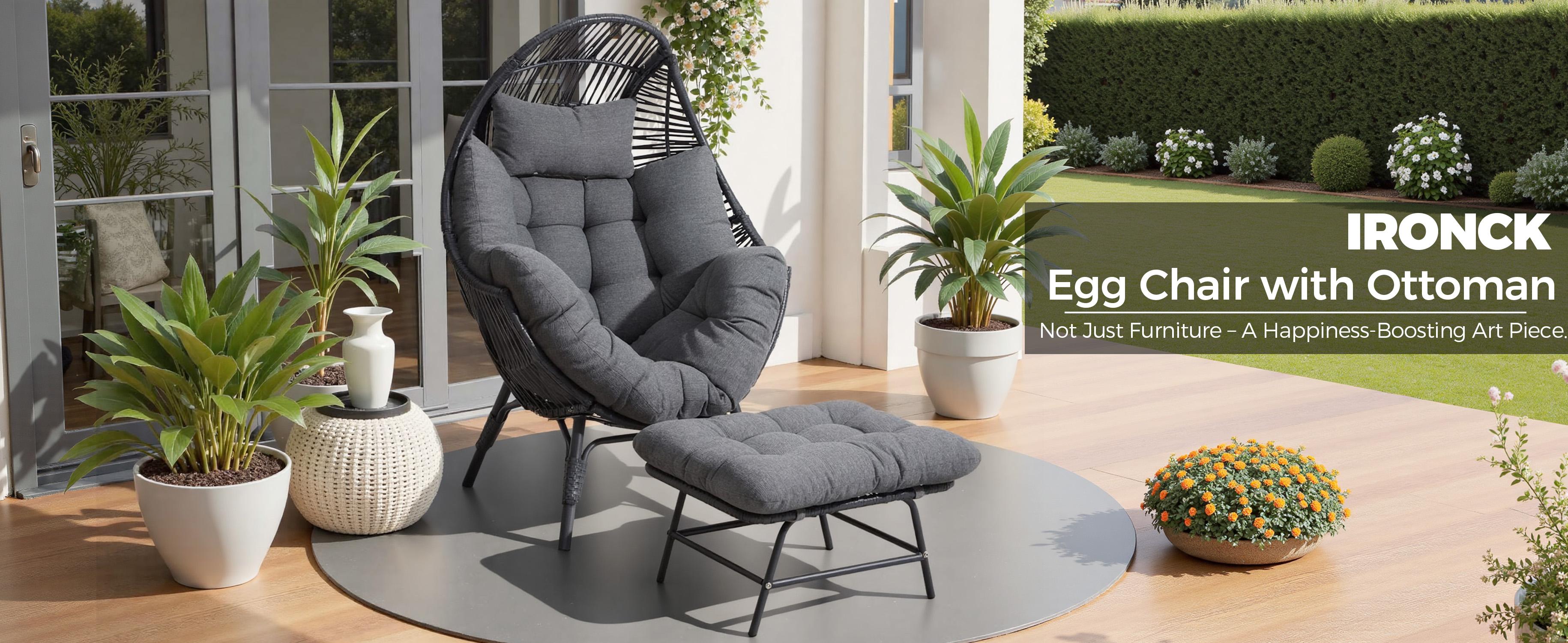 IRONCK Wicker Outdoor Egg Chair with Ottoman, Patio Lounge Chair with Footrest, Thickened Padded Cushion and Headrest, Egg Seat for Patio, Living Room, Garden, Balcony, Dark Gray