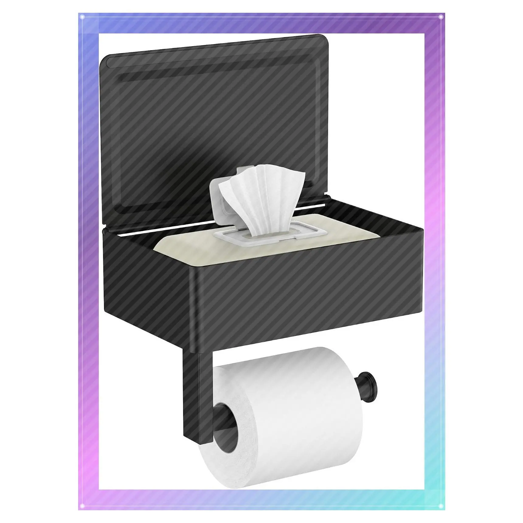 Wall-Mounted Toilet Paper Holder with Shelf, Matte Black Modern Wipes Dispenser with Storage for Bathroom, Fits Wipes, Sanitary Napkins, Tampons, 8.0"x5.3" Large ShelfGift