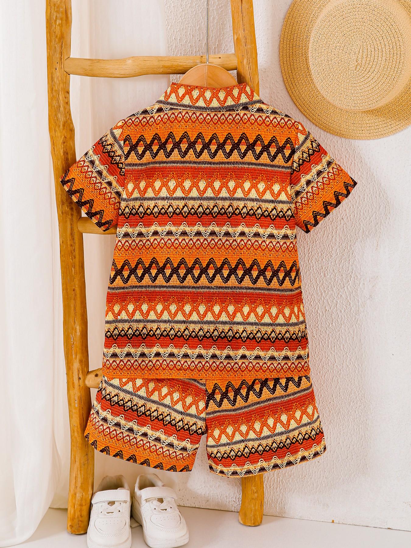 Boys Summer New Set, Button-Up Shirt with Geometric Patterns + Woven Texture Vacation Style Digital Print Casual