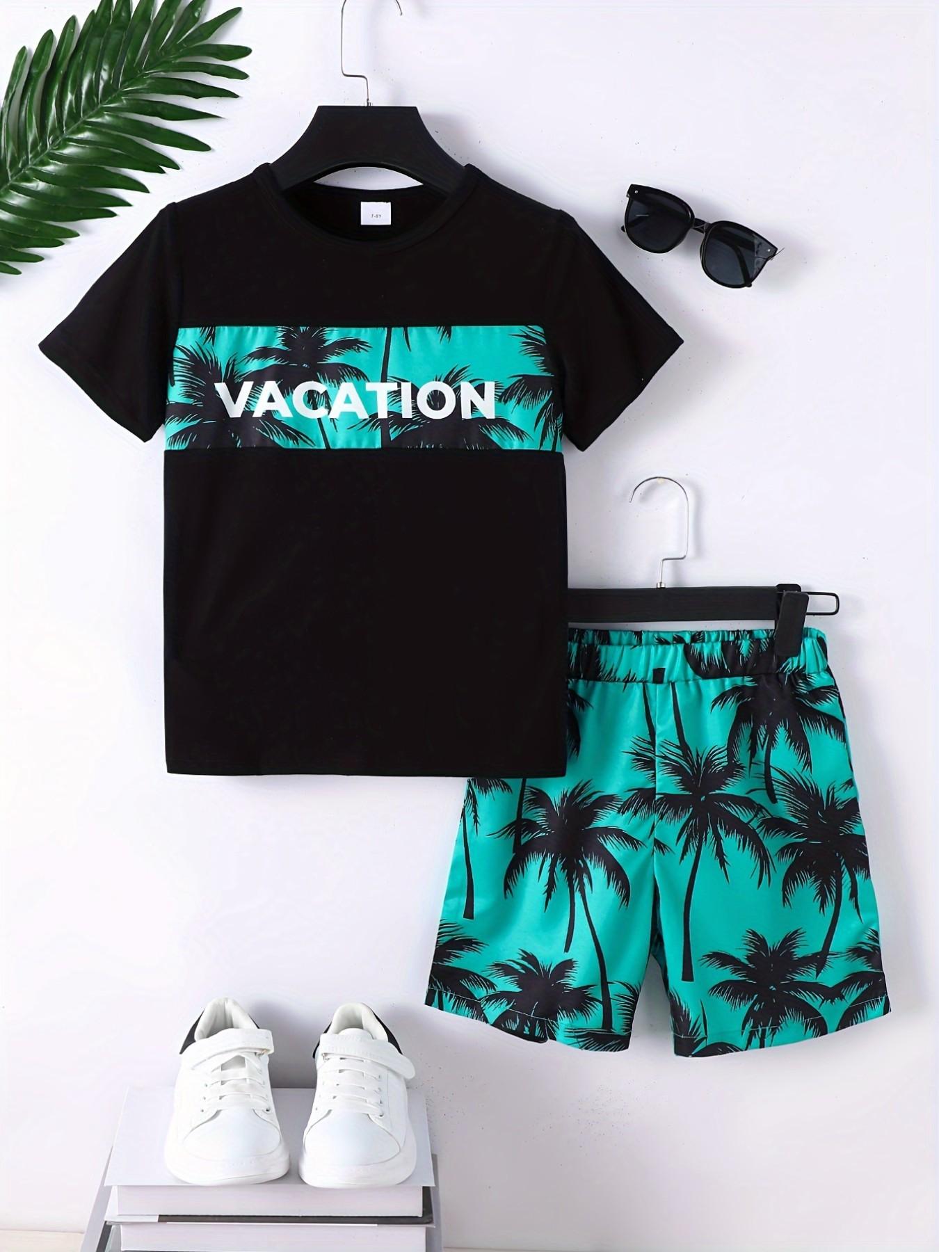 Boys 2-Piece Tropical Palm Tree Print Set, Clothing Sets, Outfit, Casual Fitted Short Sleeve T-Shirt and Track Shorts for Outdoor Play, Stylish Kids Clothing