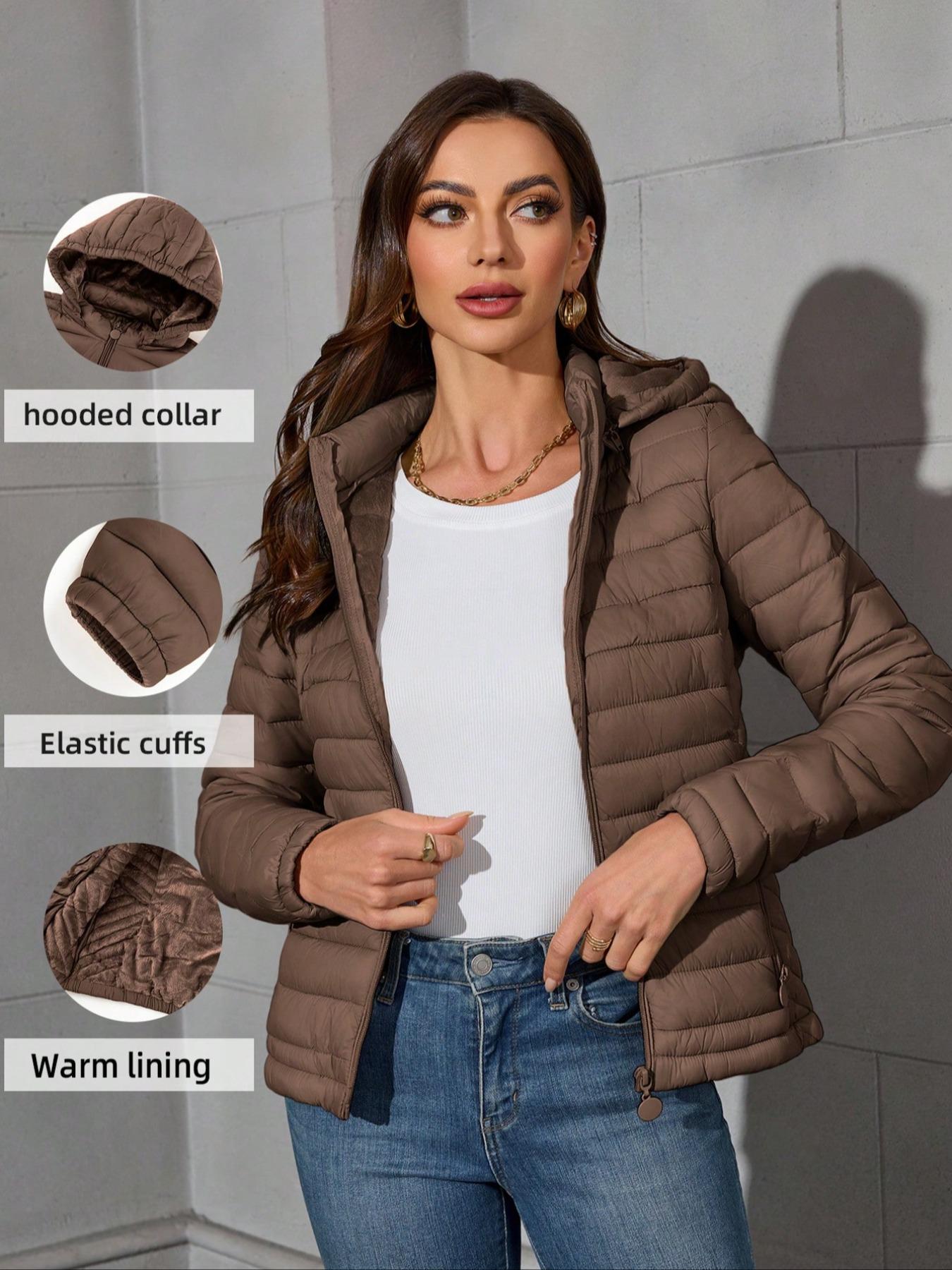 Women's Winter Cotton Jacket, Casual Fitted Hooded Coat with Pockets and Zipper, Warm Lightweight Commuter Outerwear for Fall & Winter