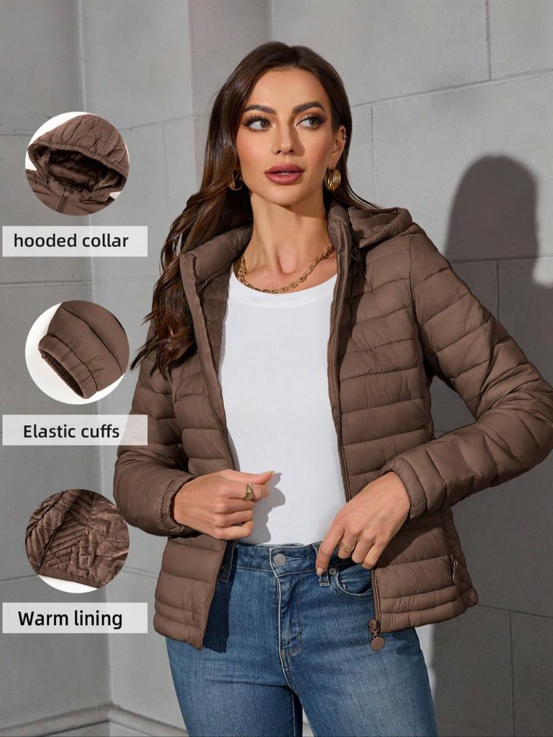 Women's Winter Cotton Jacket, Casual Fitted Hooded Coat with Pockets, Warm Lightweight Commuter Outerwear for Fall & Winter