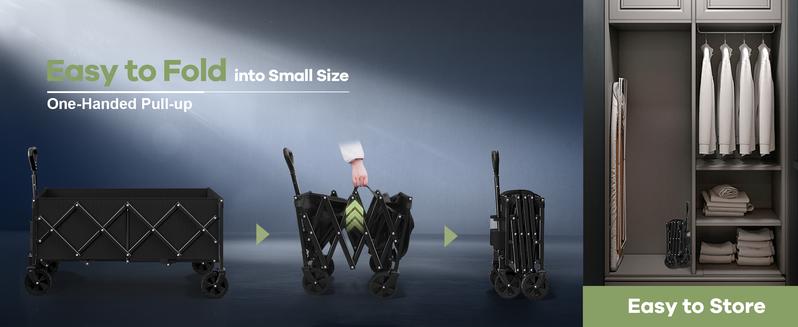 Collapsible Wagon Cart Foldable 34'' Extra Long, 360LBS Heavy Duty Folding Gardening Cart with Wheels, Portable Utility Outdoor Wagon for Grocery, Shopping, Sports, Camping, Black