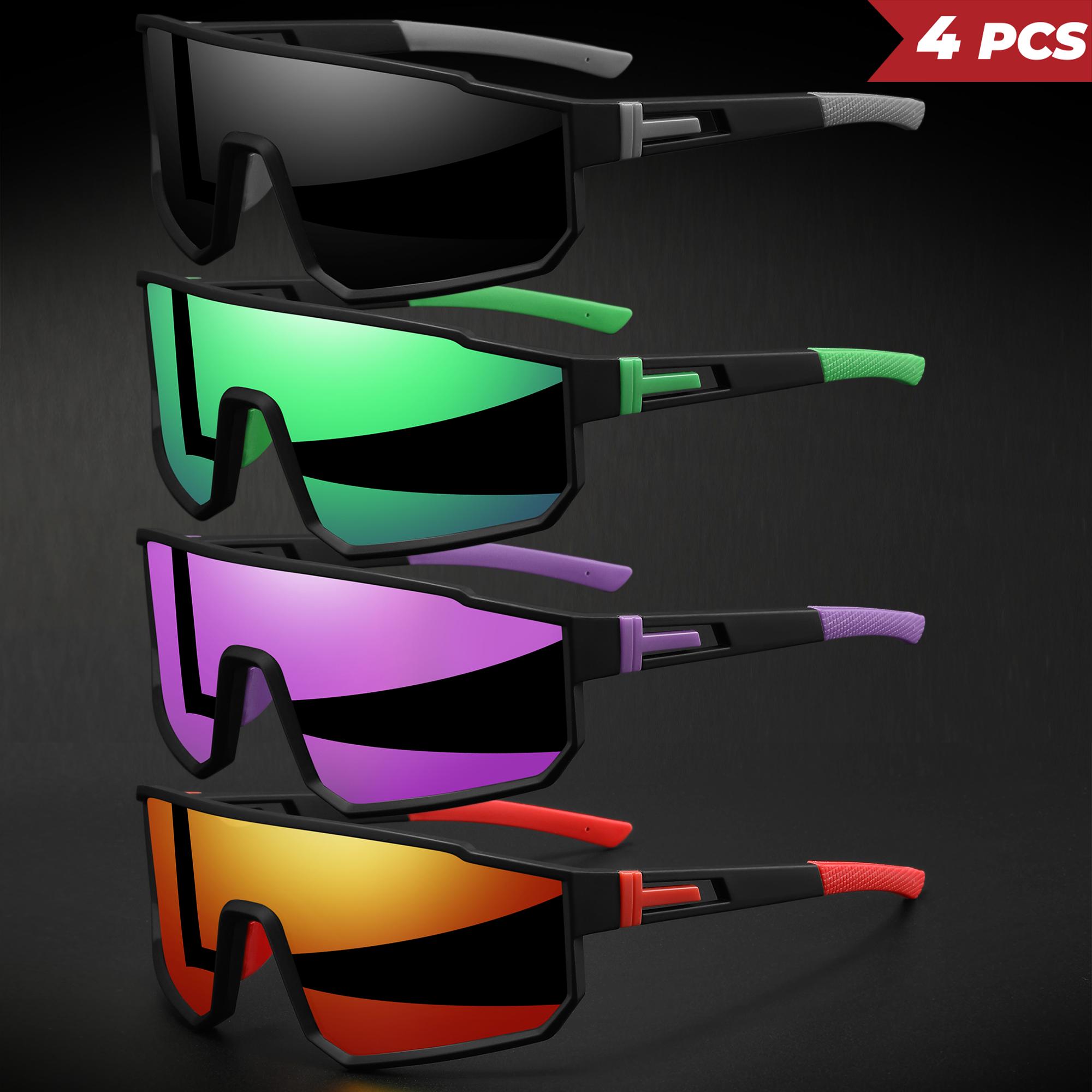 XUH 4PCS Unisex Oversized Sports Cycling Sunglasses, Colorful Wraparound UV400 Protection Windproof Glasses, Comfort Fit for Cycling Hiking Outdoor Sports,summervibes