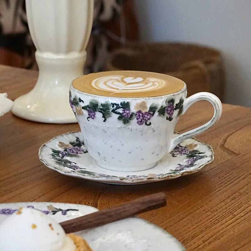 Gift for her Handmade ceramic coffee cup & saucer set  Vintage Romantic 🍇 Embossed Grape Cappuccino cup Set, Glazed Ceramic Breakfast Mug Aesthetic ☕ 🥐 🍰 , Water Cup, Afternoon Tea Coffee mug with saucer  💜