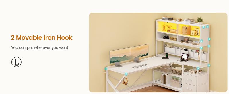 SEDETA LED L-Shaped Gaming Desk with Storage for Home Office Game Table with LED Lights, Glass Cabinet Furniture Shelves Modern Organizer，Large Computer Gaming PC Desk, Writing Table Study Desk for Bedroom, Study, Office