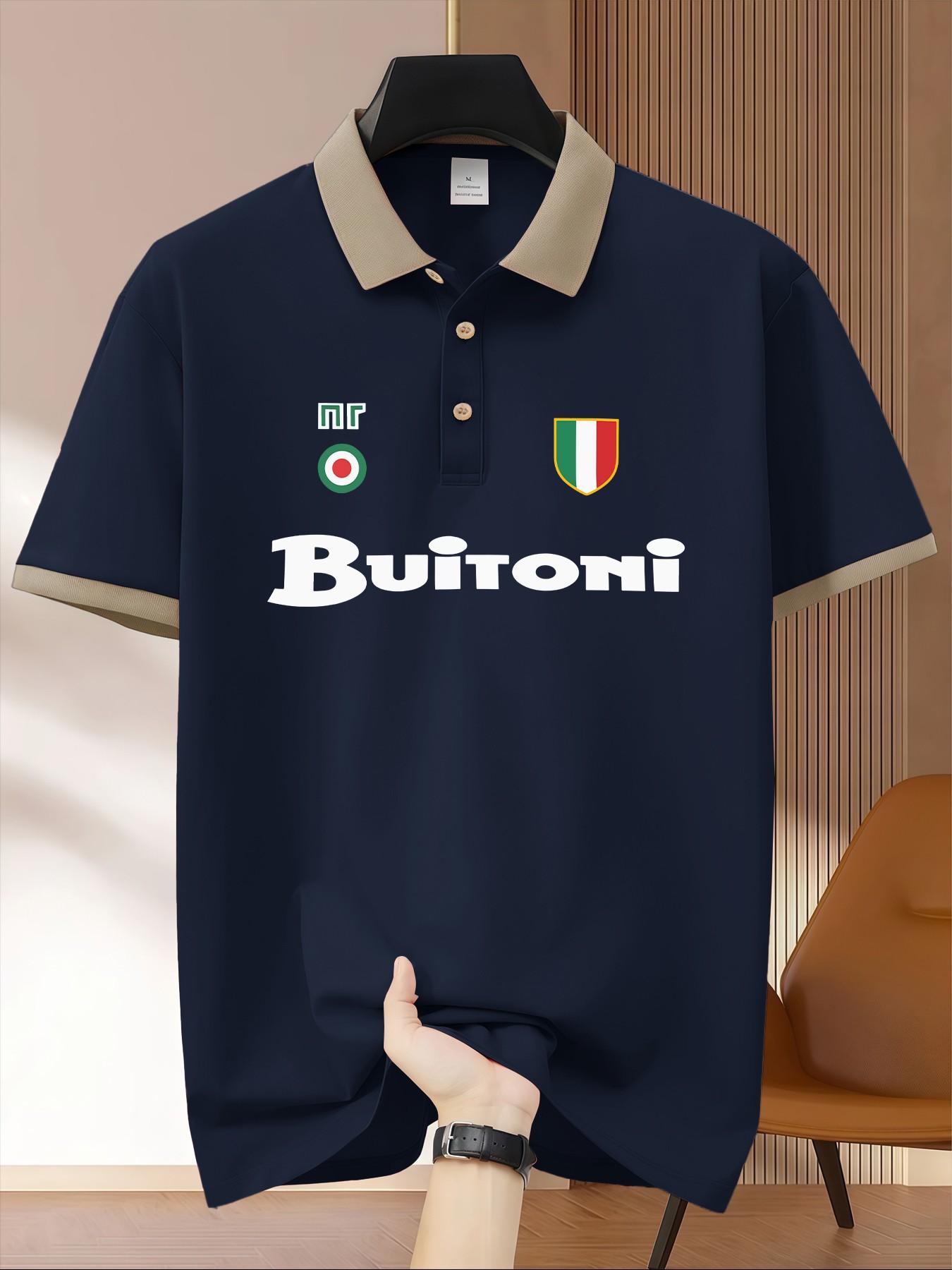Buitoni Italian Flag Shield Vintage Print Polo Shirt, Business Casual Men's Short Sleeve Knitwear, Daily Commute Office Wear Top