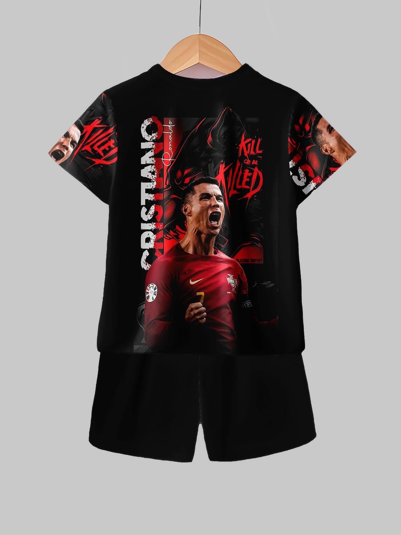 Boys' Colorblock Set, Cristiano Ronaldo 7 Celebration, Casual Summer, Full Print Design, Party & Sports Wear