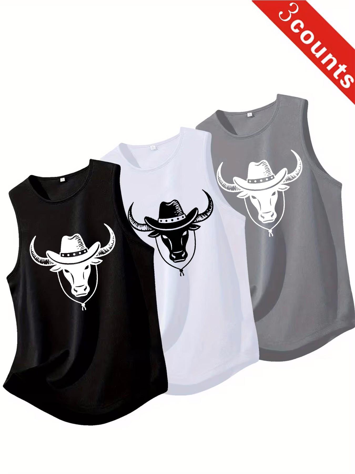 3 Count Men's Cowboy Bull Print Sleeveless Tank Tops, Loose Fit Casual Western Style Tops, Breathable Crew Neck Workout Shirts for Men