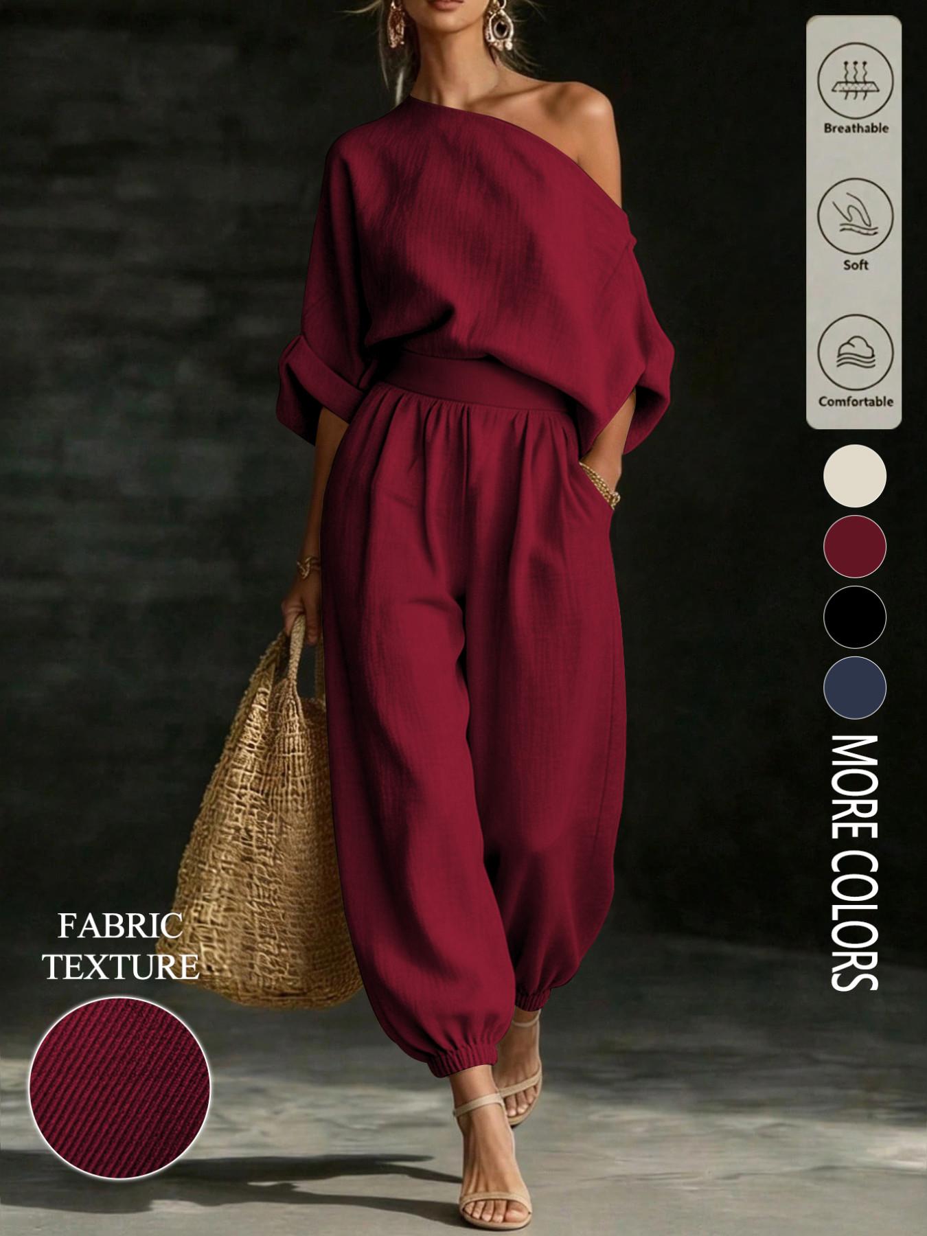 Women's solid color casual asymmetrical neck top paired with elastic waist trousers, a country-style two-piece set, Everyday suitable for daily commuting and all seasons.