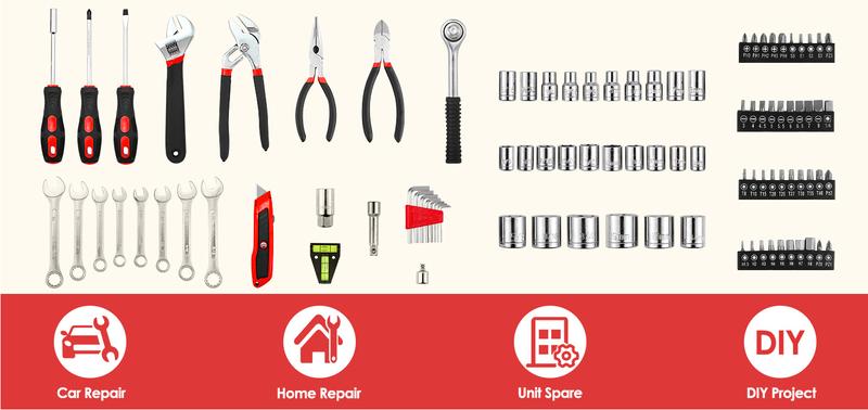 95-Piece Tool Set, Car Tool Kit, Mechanics Tool Set with Portable Toolbox, Including Adjustable Wrench, Pliers, and Socket Bits, with Plastic Storage Case, Ideal for Home, Apartment, or Garage Use,Father'sDayGift ,Heavy Duty Screwdriver Ratchet Metal