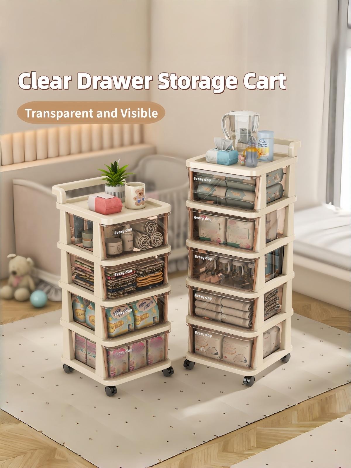 Drawer Tower, 3/4/5-Tier Clear Plastic Storage Organizer Cart, Heavy-Duty Organizing Drawers for Home, Bedroom, Bathroom Organization, Dresser With Wheels, Minimalist Adjustable Shelf