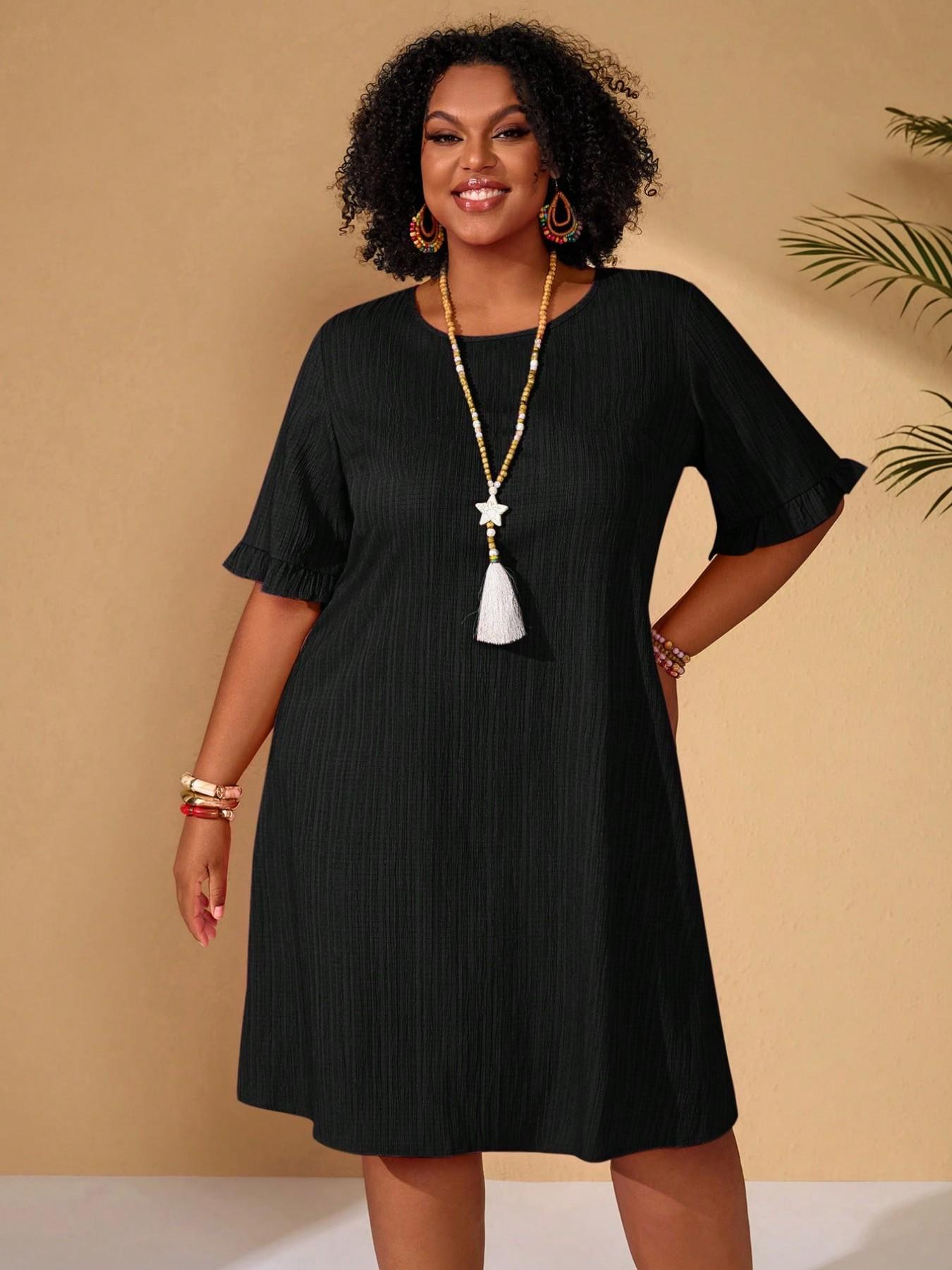 Plus Size Women's Round Neck Solid Everyday Dress, Textured Vertical Stripe Ruffled Sleeve Loose Feminine Casual Boho Elegant Skirt, Ideal for Daily Home and Outing Wear