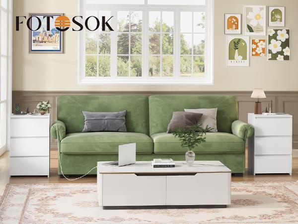 FOTOSOK Nightstad with Charging Station, White Nightstand with 3 Drawers,  Nightstand with USB Ports, Power Outlets, Silent Slides, Wooden End Side Table Bedside Table for Bedroom