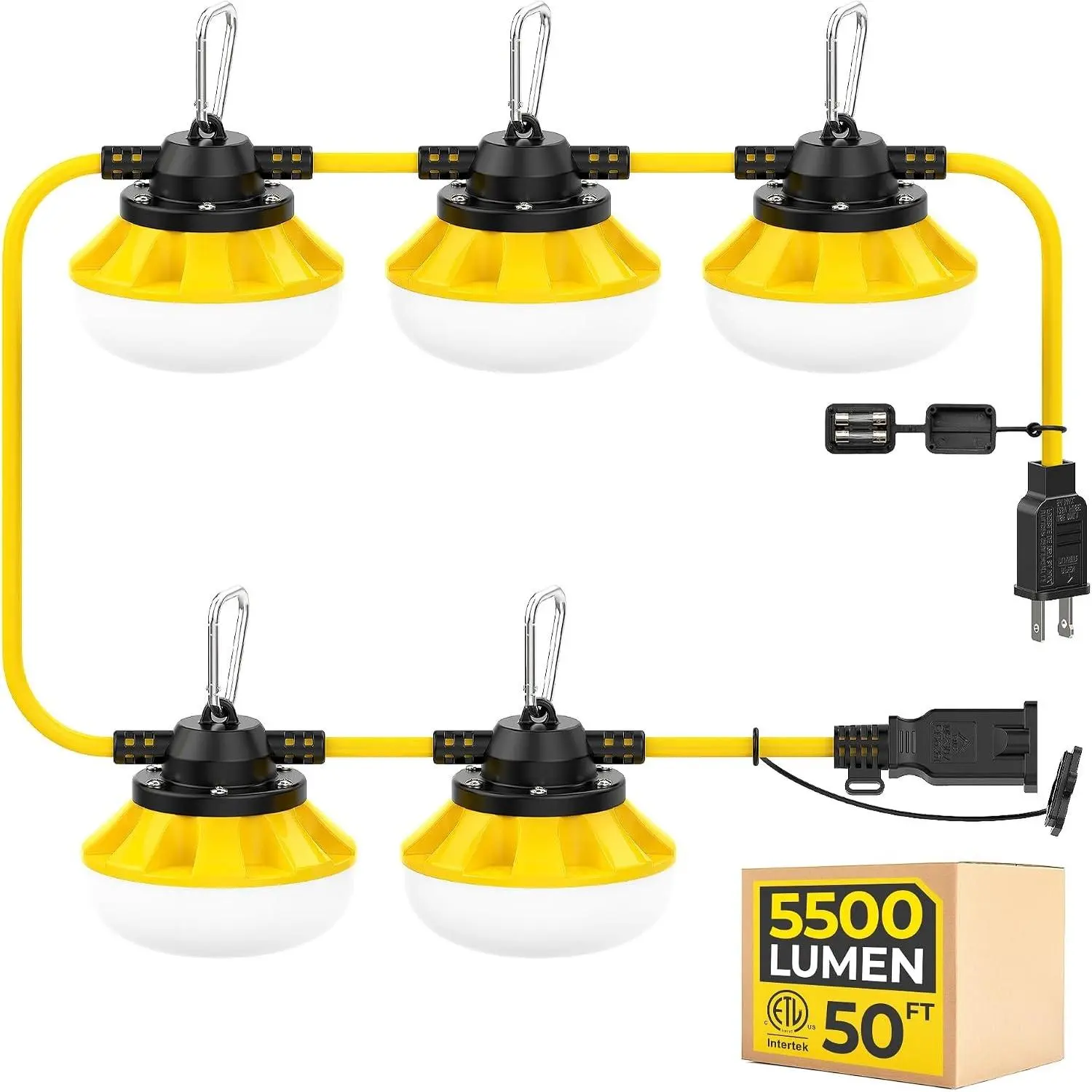 50FT 50W LED String Lights, Temporary Construction Work Lighting, ETL Listed, Linkable Up to 16 Sets, 18/2 SJTW Cord, IP65 Waterproof, Outdoor Hanging Lights for Jobsite Attic Crawl Space