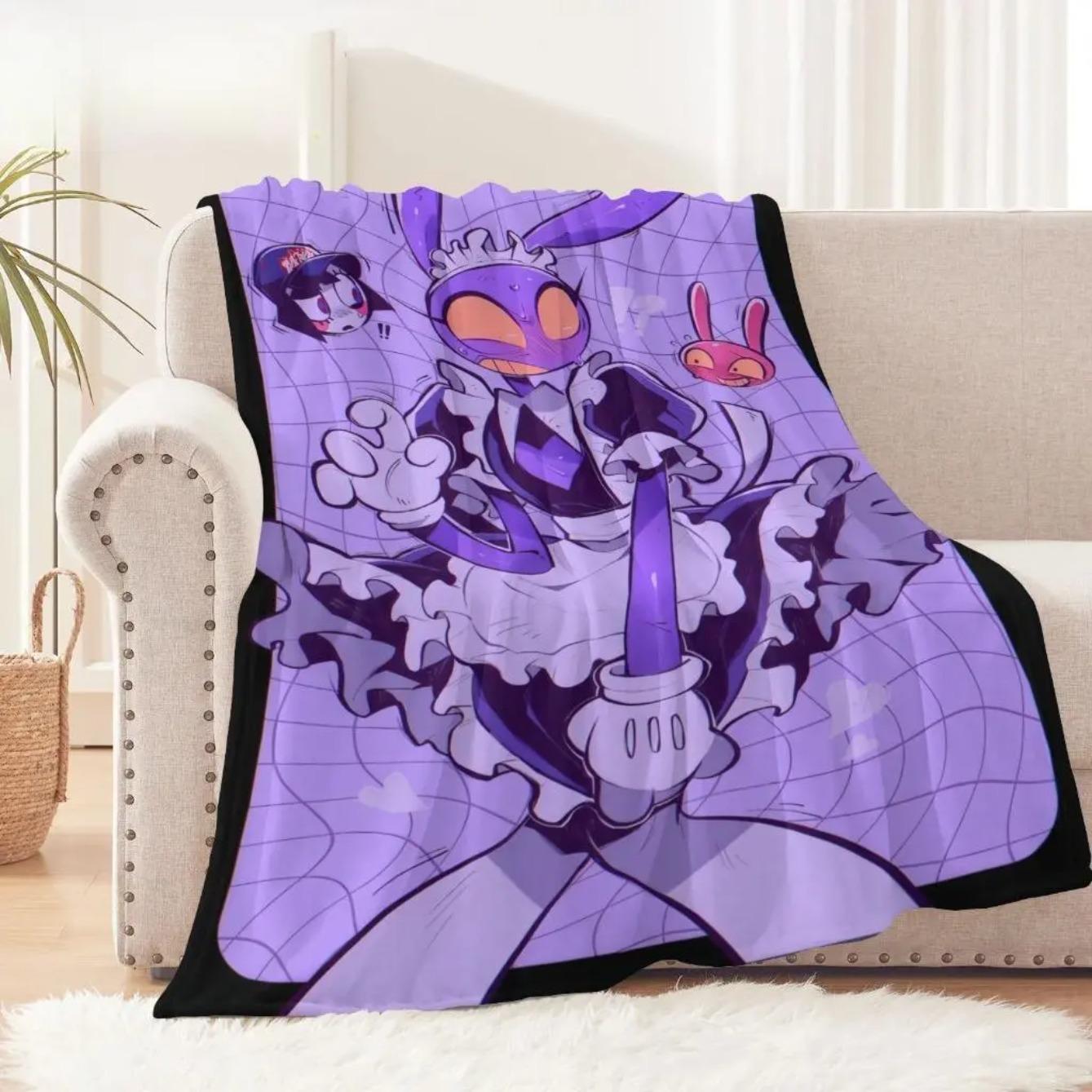The Amazing Digital Circus Jax Rabbit Repeat Print Flannel Throw Blanket, Purple Yellow Cute Cartoon Character Soft Lightweight Warm Blanket for Sofa Bed Bedroom Travel Camping, Perfect Birthday Christmas Holiday Gift for TADC Cartoon Fans Teens Kids