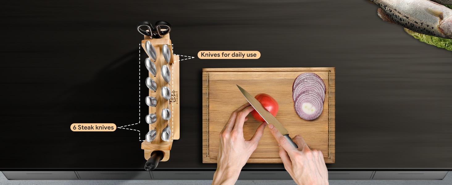 【TikTokShopSpringGlowUp】 SYOKAMI Kitchen Knife Set, 14 Pieces Japanese Style Knife Block Set with Magnetic Holder, High Carbon Stainless Steel Ultra Sharp Knives for kitchen with Ergonomic Handle and Sharpener, Black Dot, Mother's Day Gift