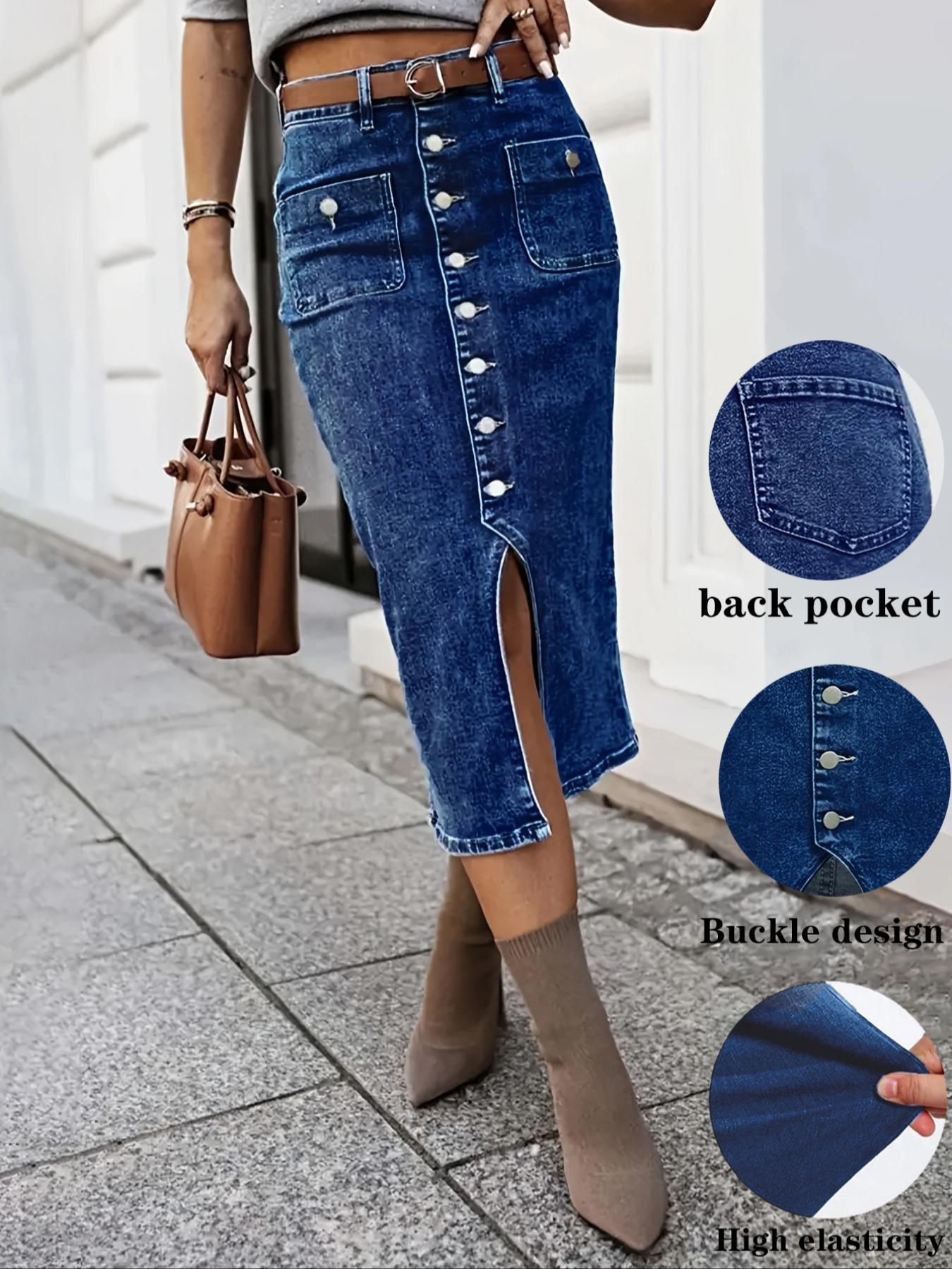 Women's High Elastic Dark Wash Denim Half Skirt with Button Closure, Stylish Casual Wear, Perfect for Daily, Comfortable and Trendy