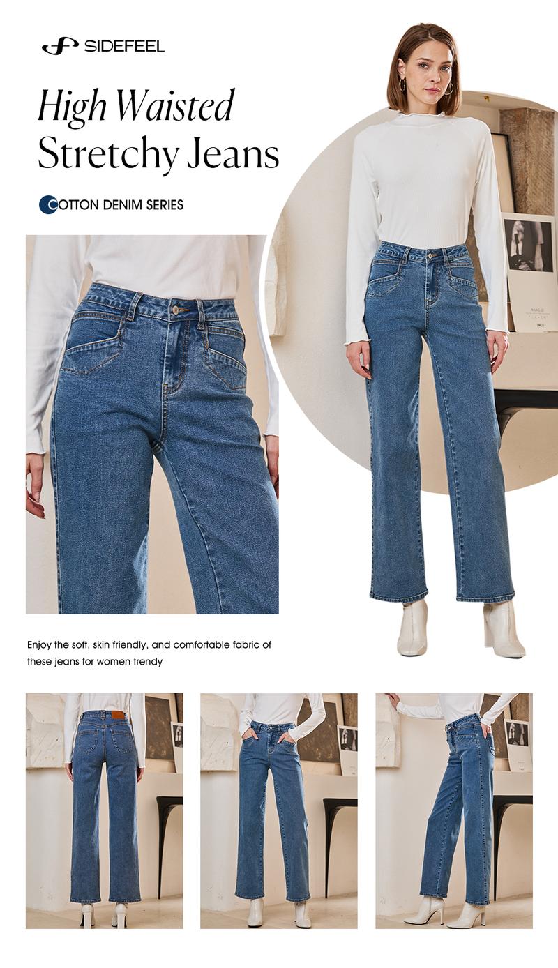 Sidefeel Women's Straight Leg Jeans High Waisted Stretchy Wide Leg Jeans Straight Leg Zimbaplatinum Ankle Denim Pants with Slant Pockets TikTokShopBlackFriday