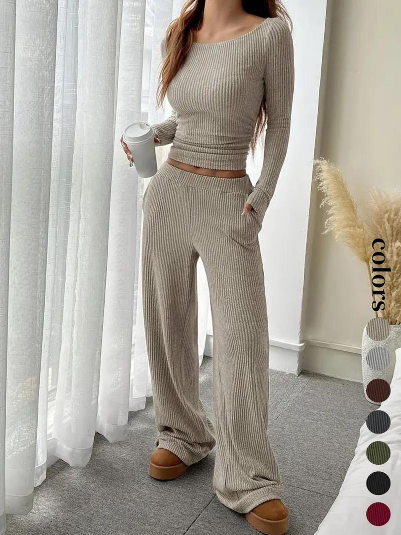 Women's Casual Striped Long Sleeve Top & Loose Pocket Pants Set, European Style Womenswear, Comfortable for Daily Wear