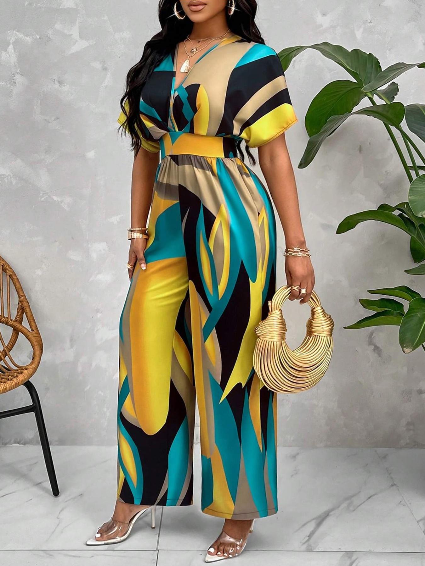 Women's Batwing Sleeve Waist Cinched Jumpsuit V Neck Colorblock Print Wide Leg Non-Elastic Casual Vacation Wear, Summer Fashion Smooth Fabric