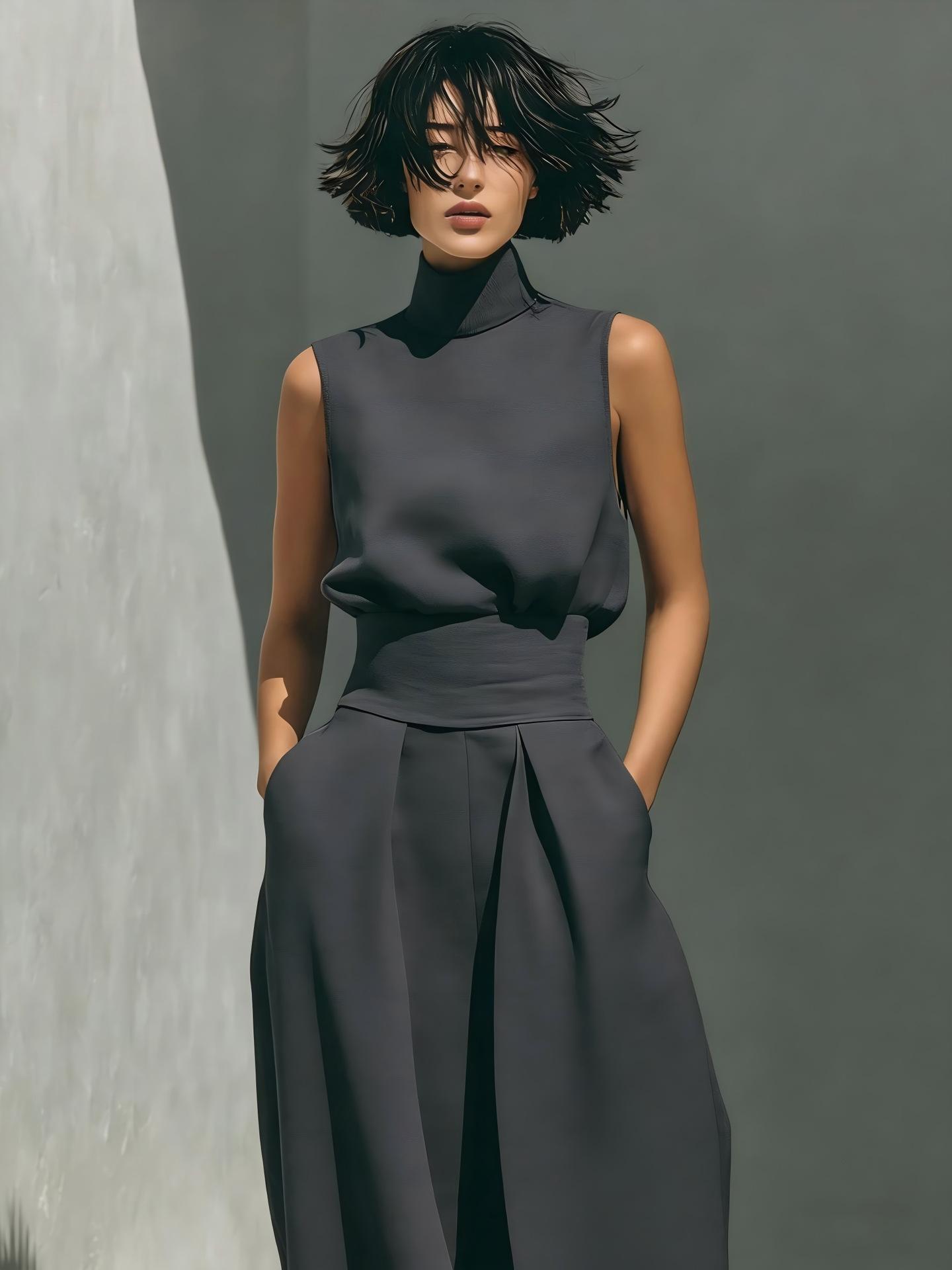 D2110 Solid Color High Neck Athleisure Two Piece Set For Women Elegant Sleeveless Top Matching Flowy Drape Wide Leg Pants Pockets Classic Old Money Aesthetic Casual Everyday Co Ord Outfit Clothes